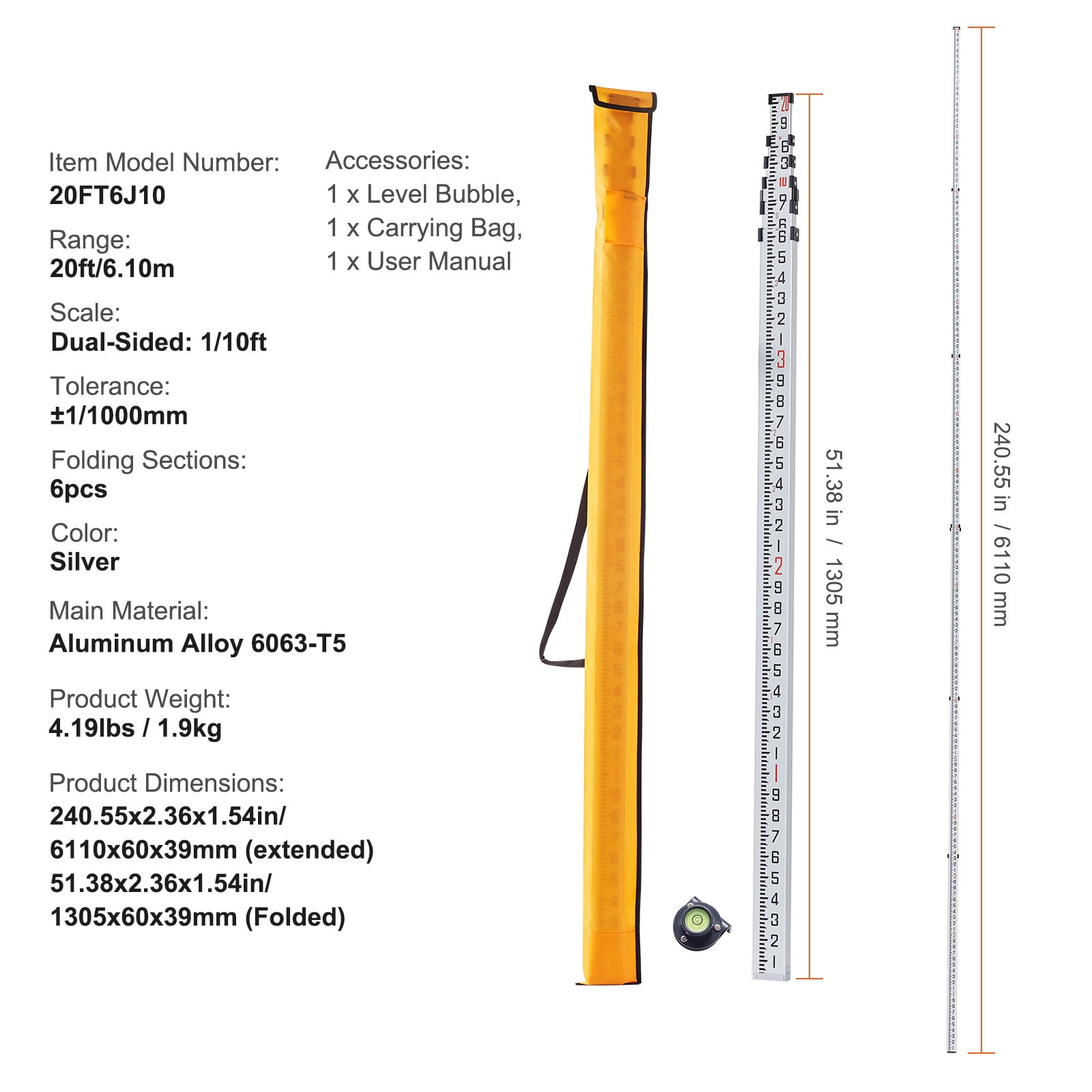 KFFKFF Aluminum Measuring Stick, 20ft/10ths, 6-Part Extendable Rod, Dual-Sided 1/10ft Scale, with Bubble Level & Carry Case for Residential & Commercial Construction