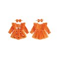 thumbnail image 3 of 2 Pcs Infant Girl Halloween Outfit Ruffle Long Sleeve Neck Pumpkin/Ghost Embroidery Romper Dress and Headband Set, 3 of 10