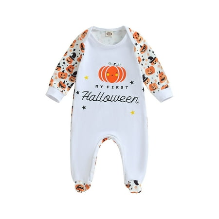 

Halloween Newborn Baby Girls Boys Footies Romper Long Sleeve Crew Neck Pumpkin Letters Print Jumpsuit Cute Infant Fall Outfits