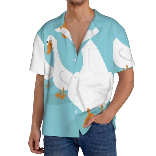 Fotbe Three White Geese Camisa Estampada de Manga Corta para Hombre, Casual de Verano, Estilo Playero, Sin Arrugas-Small