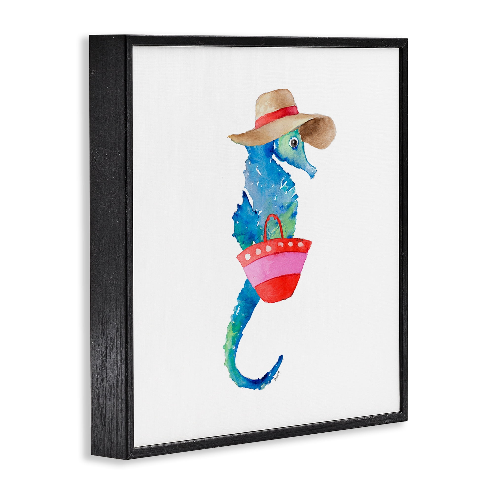 Stupell Industries Seahorse in Beach Hat Novelty Painting Black Framed Art Print Wall Art, 12 x 12