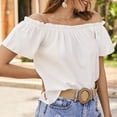 thumbnail image 4 of Blusa de verano con hombros descubiertos, informal, de manga corta, con volantes, color liso, color blanco, 2XL, 4 of 7