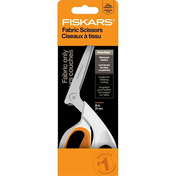 Fiskars 8" Razor Edge Fabric Shears for Tabletop Cutting, White, Sewing Scissors