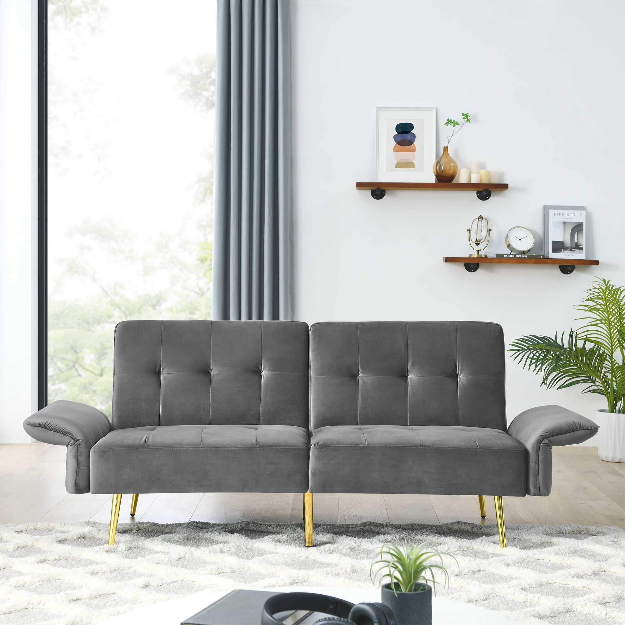 Canddidliike Velvet Futon Sofa Bed, Convertible Sleeper Loveseat Couch with Folded Armrests and Storage Bags for Living Room and Small Space, Gray 280g velvet Canddidliike Velvet Futon Sofa Bed, Convertible Sleeper Loveseat Couch with Folded Armrests and Storage Bags for Living Room and Small Space, Gray 280g velvet