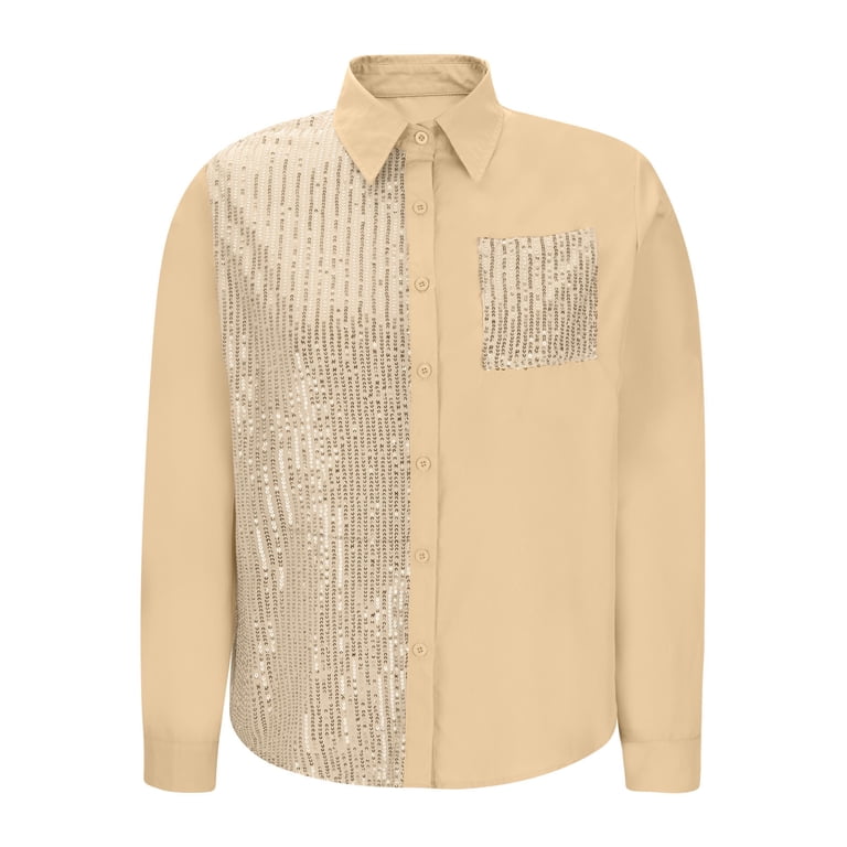 Womens Button Down Dress Shirts Sparkly Sequin Long Sleeve Glitter Shirt Casual Lightweight Business Work Blouses Tops with Pocket