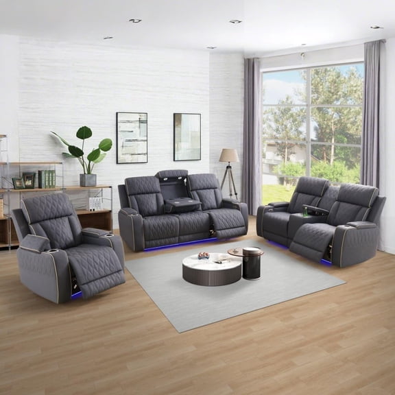 Matte Leather Power Recliner Sofa Set with LED, Living Room Furniture Set,Sanded Leather Sofa Set with USB Port/Storage Console/Cup Holder for Living Room Home Office (Blueish Grey)