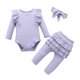 thumbnail image 2 of Conjuntos de blusas y camisas de cuello redondo y manga larga para niña, mono de cuello redondo y manga larga con vuelo de color liso con cintura elástica, pantalones estampados y diadema, conjunto de, 2 of 6