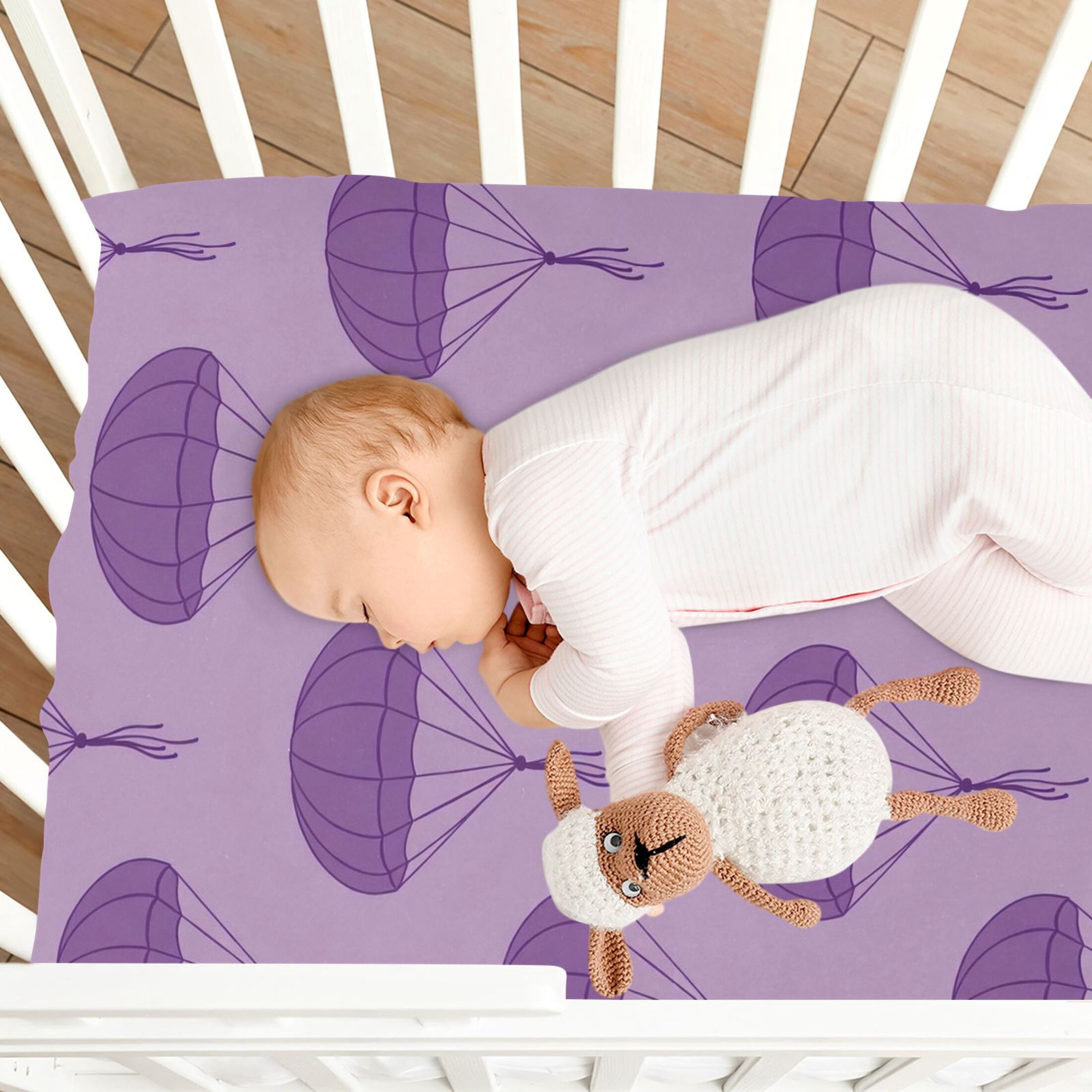 Baby Essentials 52”x 28”- Standard Cotton-like Modal Elastic- Purple Parachute Design Crib Sheets for Newborns and Toddlers