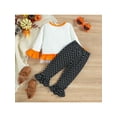 thumbnail image 3 of Qiylii Toddler Girls Halloween Outfit Set, Embroidery Pumpkin Long-Sleeve Ruffle T-Shirt + Dots Bell-Bottoms Set for Kids, 9 Months to 4 Years, 3 of 9