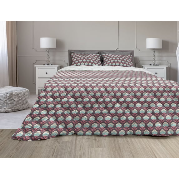 Vintage Comforter & Sham Bedding Set, Composition of Nostalgic Floral Romance of Symmetric Flower Motif, 3 pcs Duvet Set Microfiber Filling Quilt, 5 Sizes, Eggplant Pale Blue and Coral, by Ambesonne