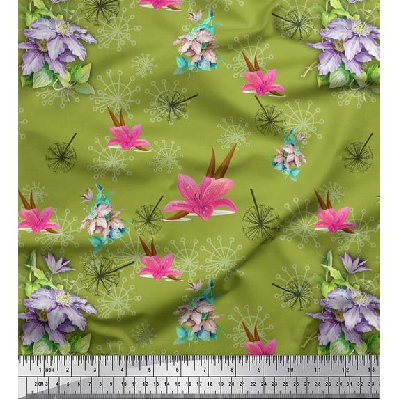 Soimoi Japan Crepe Satin Fabric Leaves & Lily Floral Fabric Prints by Yard 42 Inch Wide