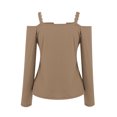 thumbnail image 4 of WREESH Womens Fashion Off The Shoulder Tops Solid Color Slim V Neck Casual T-Shirts Long Sleeve Pullover Blouse Tops Khaki, 4 of 5