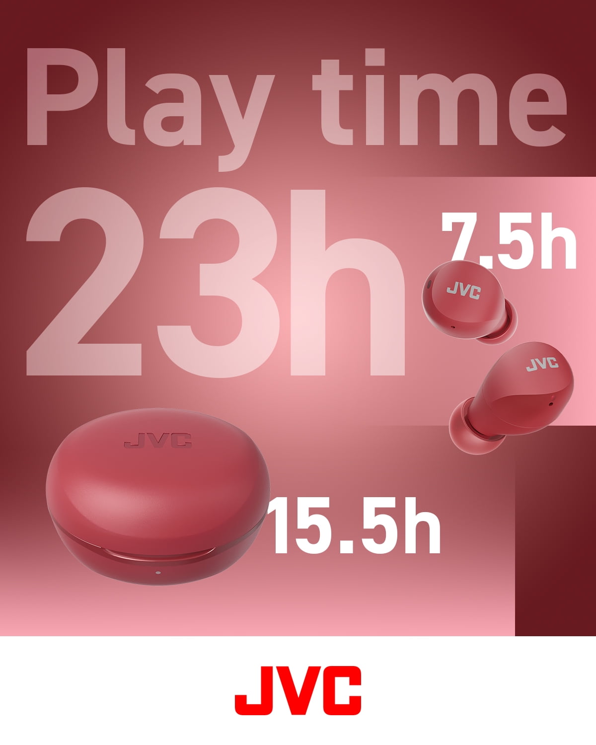 JVC Compact and Lightweight Gumy Mini True Wireless Earbuds Headphones, Long Battery Life (up to 23 Hours), Sound with Neodymium Magnet Driver, Water Resistance (IPX4) - HAA6TR (Red)