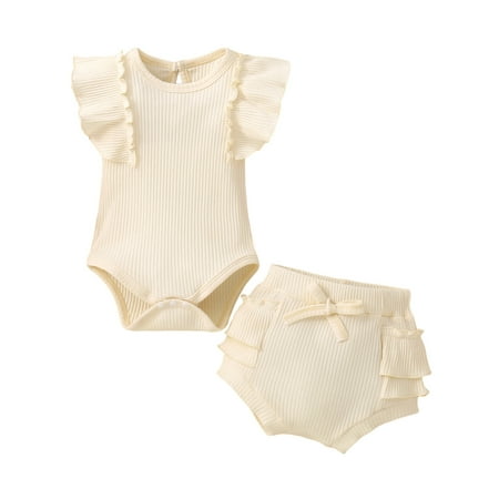 

Arvbitana Newborn Baby Girls 2Pcs Solid Color Outfits Crew Neck Ribbed Romper + Elastic Layered Ruffles Shorts 6M 12M 18M 24M Infant Toddler Summer Clothes