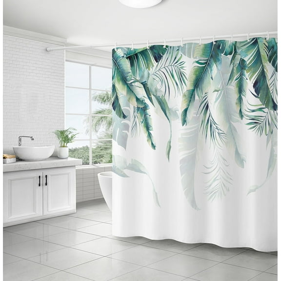 Tropical Plant Green Shower Curtain,Leaf Plant Leaves Shower Curtains Waterproof Mould Proof Resistant Polyester Fabric Non-Toxic Fabric Machine-Washable, 71" W x 71" H with 12 Hooks