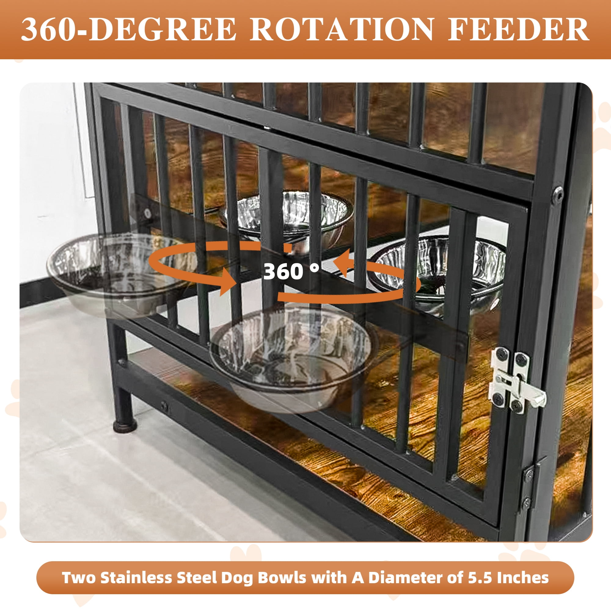 Nygira 41 Inch Dog Crate Furniture with 360° Rotatable Bowls, Wooden Kennel with Double Doors for Large Dogs, Indoor Pet House End Table, Rustic Brown