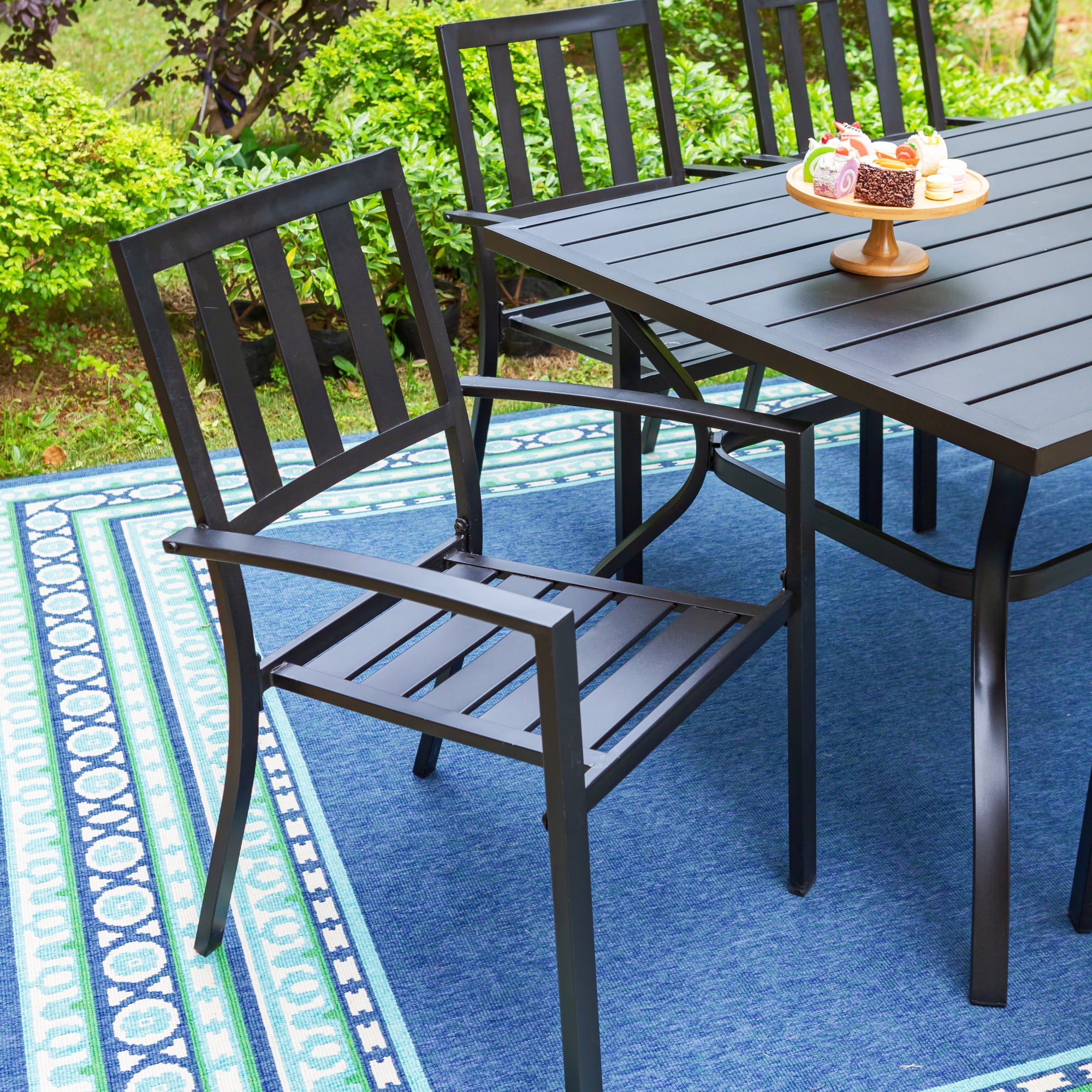 SUMMIT LIVING 7-Piece Outdoor Patio Dining Set with Stacking Chairs for 6, All-Weather Metal Steel, Black