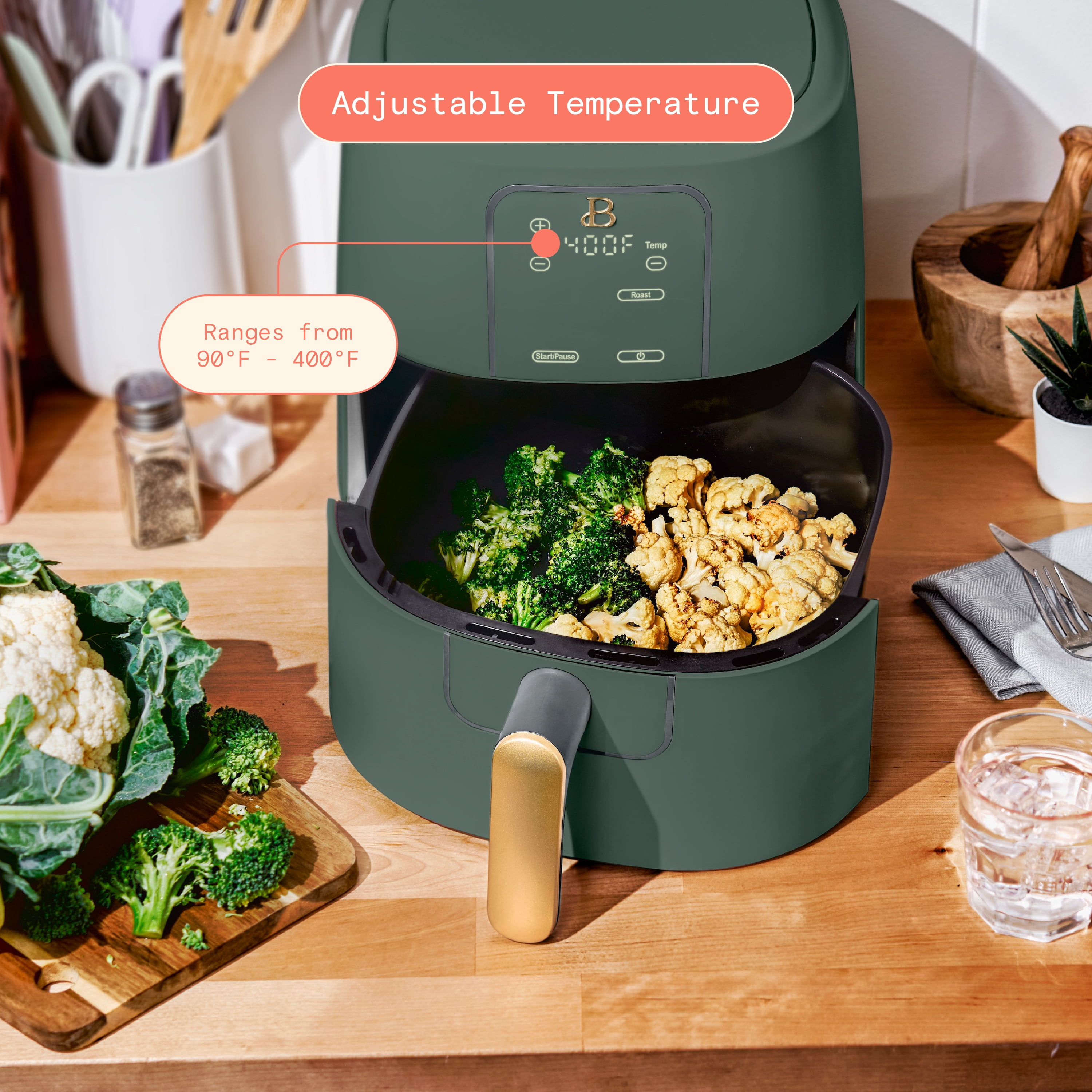Beautiful 6 Qt Air Fryer with TurboCrisp Technology, EverGood Ceramic Nonstick Coating, Thyme Green by Drew Barrymore