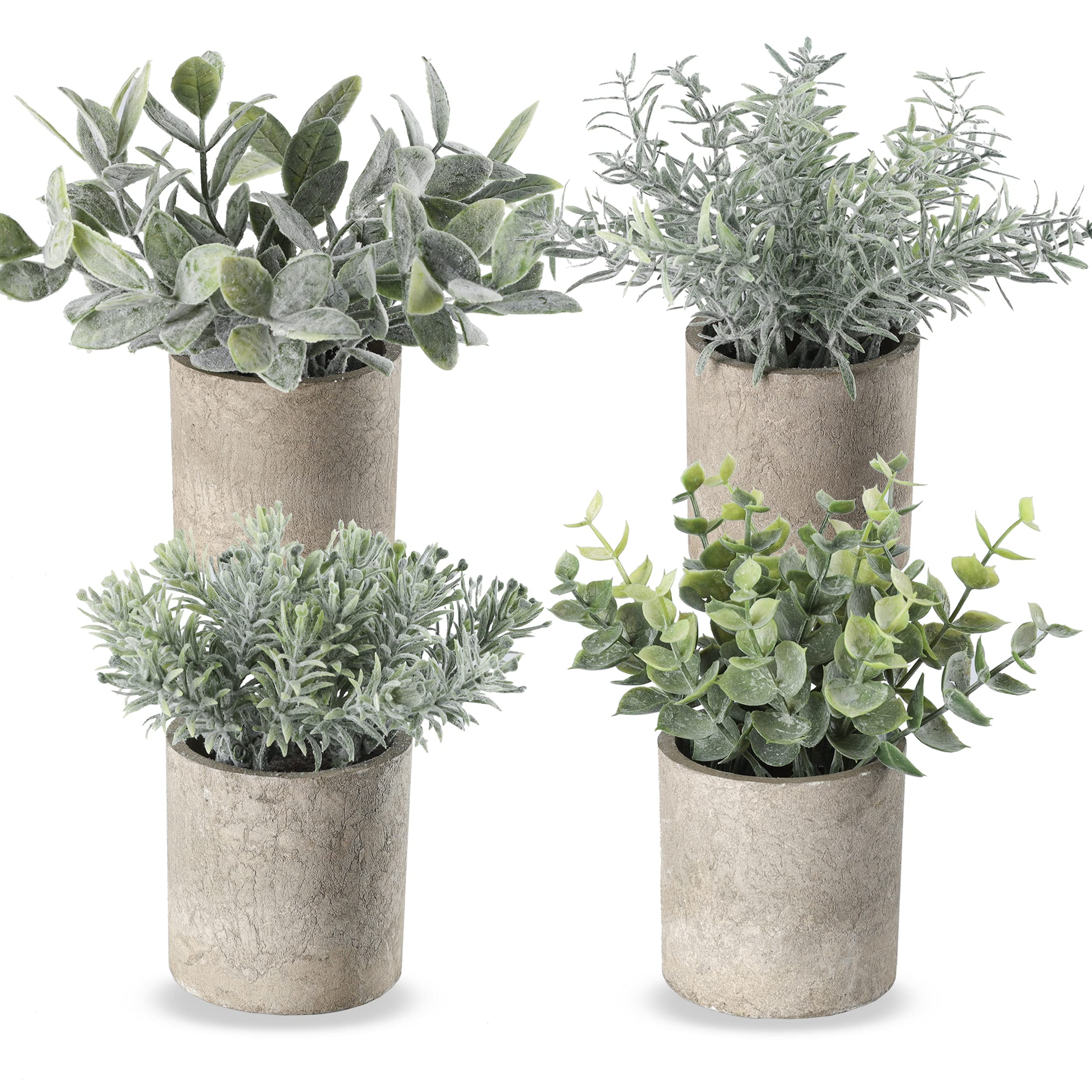 Miracliy Mini Potted Fake Plants Faux Artificial Eucalyptus Boxwood Rosemary Greenery in Gray Pots for Home Office Desk Bathroom Decoration Garden Decor, Indoor & Outdoor,Set of 4