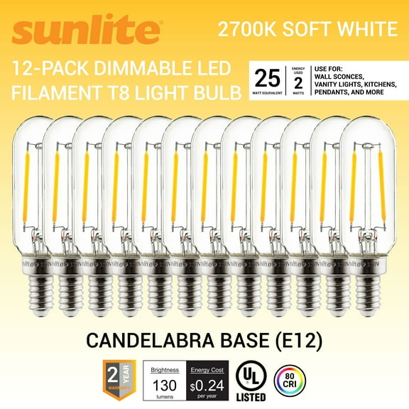 Sunlite LED Filament T8 Tubular Light Bulb, 2 Watts (25W Equivalent), Candelabra E12 Base, Dimmable, Clear, UL Listed, 2700K Warm White, 12-Pack