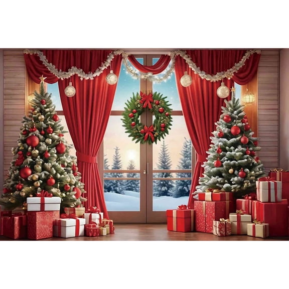 Large Christmas Tree024 Photo Background Childr Party Photocall Backdrop Red Curtain Home Studio Photobooth Supplies