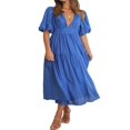 thumbnail image 4 of POINTERTECK Femmes Profonde V Maxi Robe d'Été Casual Manches Courtes Plissées Taille Haute LongBeach Robes Fluides, 4 of 9