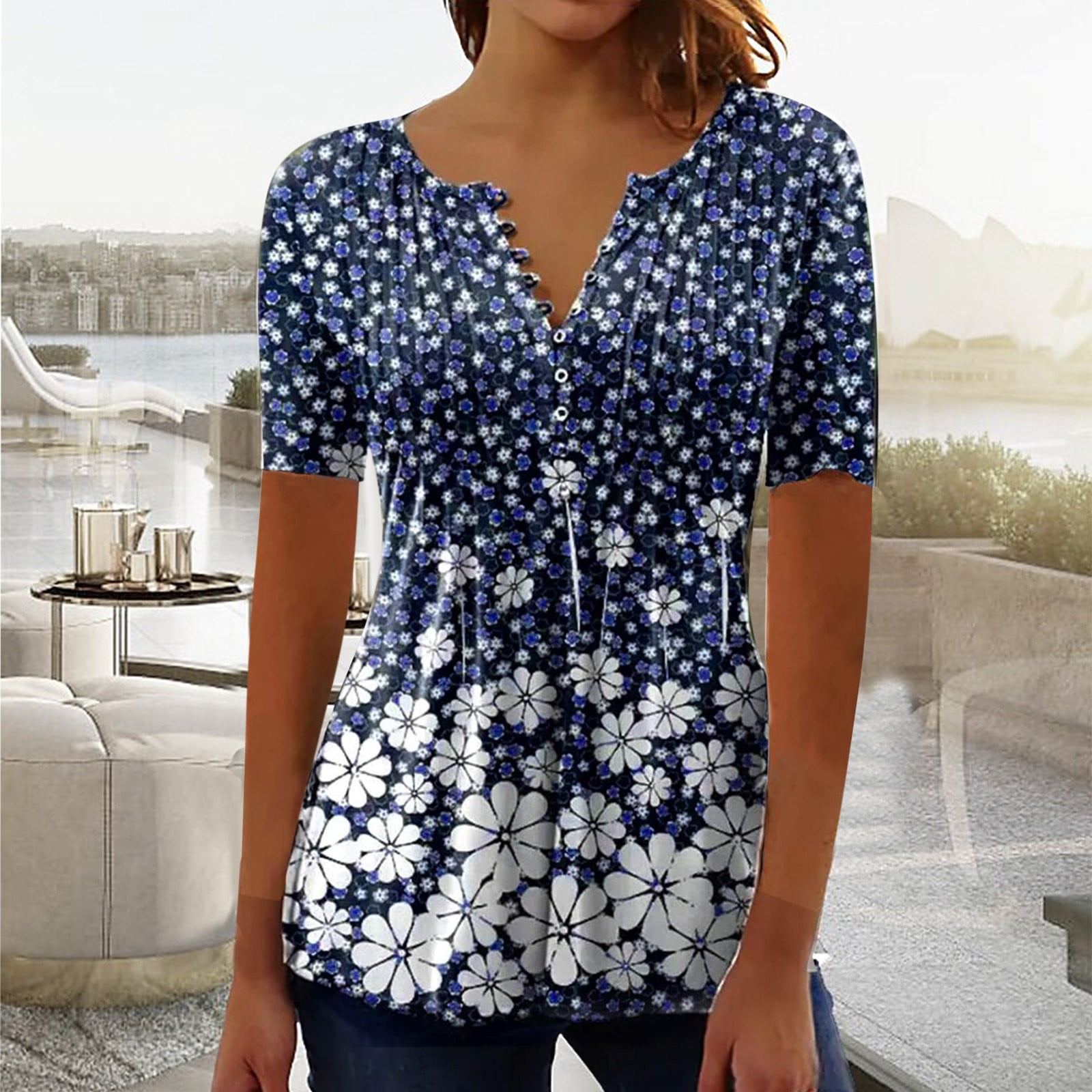Jsaierl Womens Tops Hide Belly Shirts Summer Pleated Button V Neck T-Shirt Causal Empire Waist A-Line Floral Tunic Tops