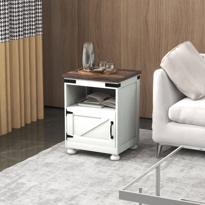 HOQBN Side Table with Storage, End Table with Open Shelf, Cupboard, and Wood Legs, Modern Farmhouse Style, White