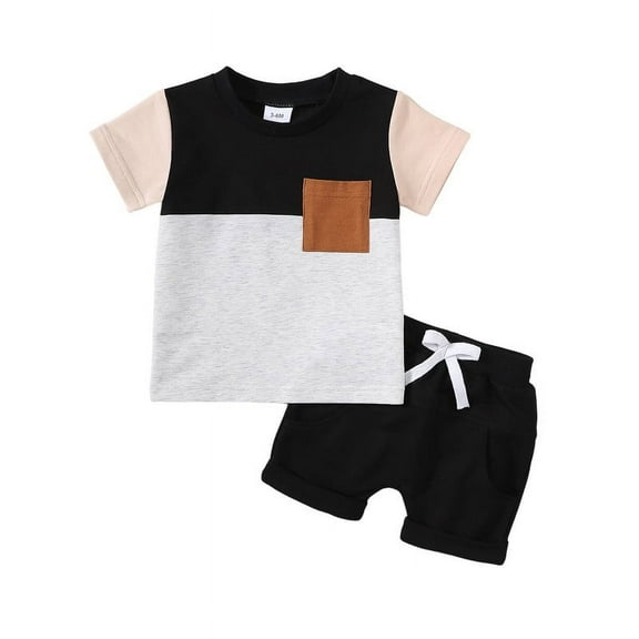 Newborn Baby Boy Clothes Black and White Patchwork Short-Sleeved Shirt with Brown Pocket and Shorts Set 2PCs Infant Summer Outfits