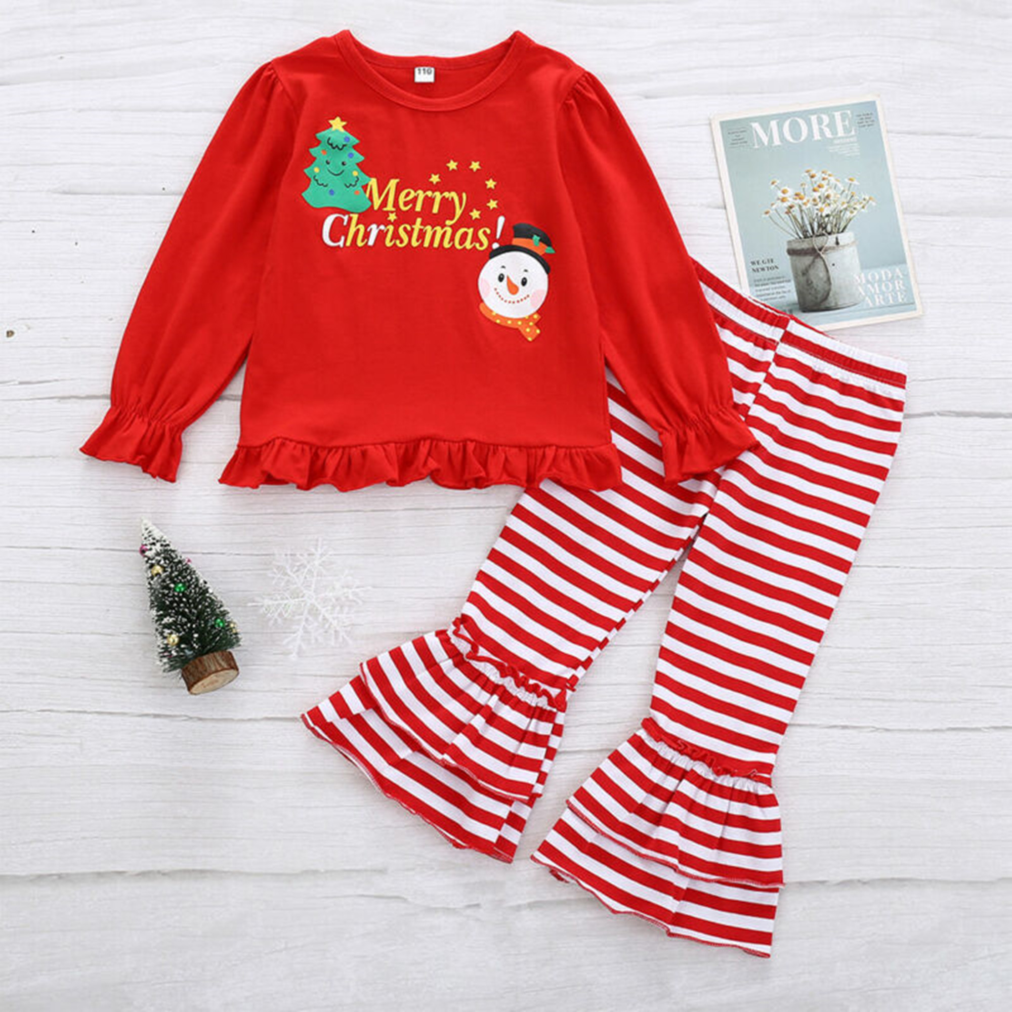 Feikid Kids Girls Christmas Printed Long Sleeves Ruffle Tops + Striped Pant Sets Winter Festival Outfits Gifts Size 80-120, Girl's, Size: 1-2 Years,