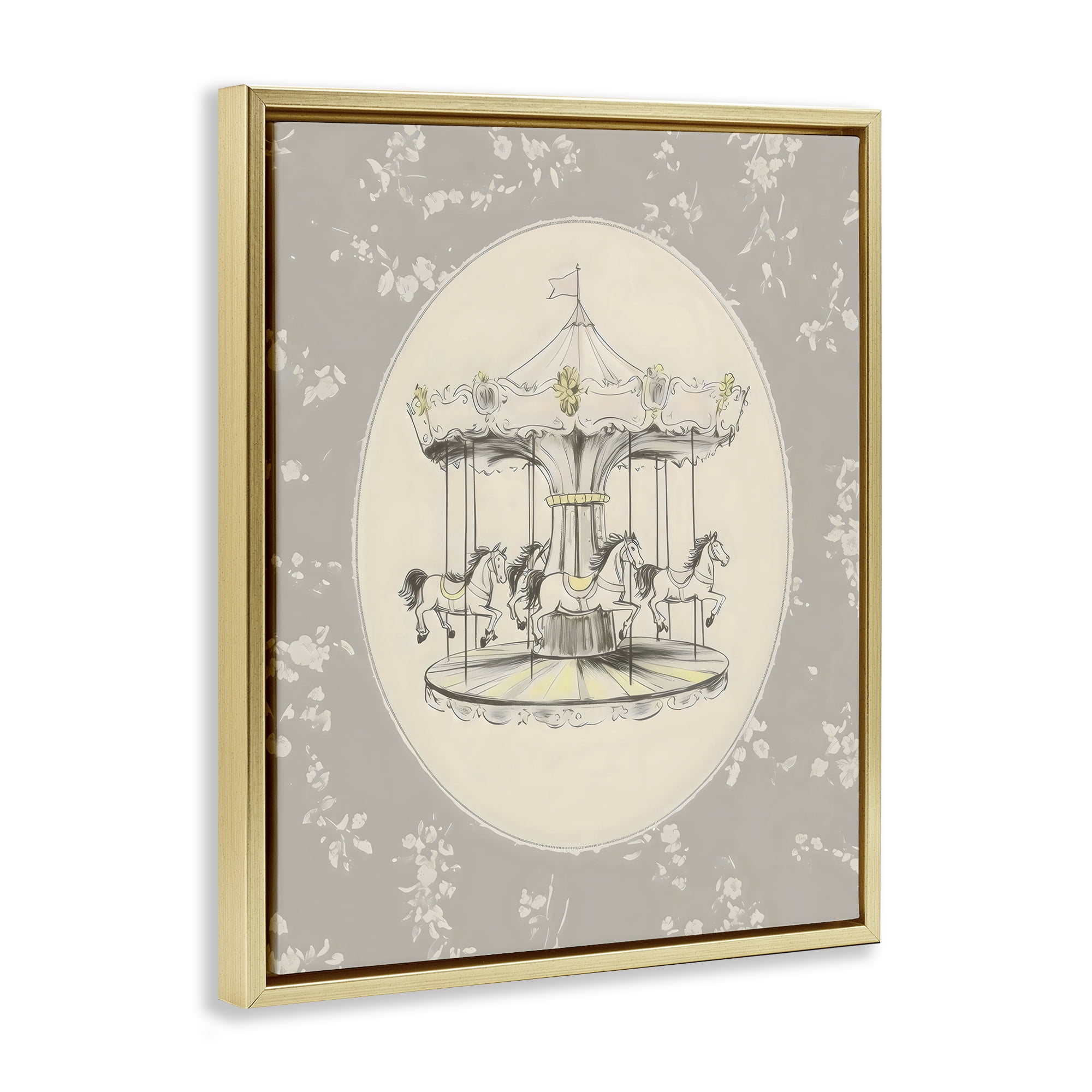 Stupell Industries Gentle Floral Carousel Gold Framed Floater Canvas Wall Art, design by Arlington Prints