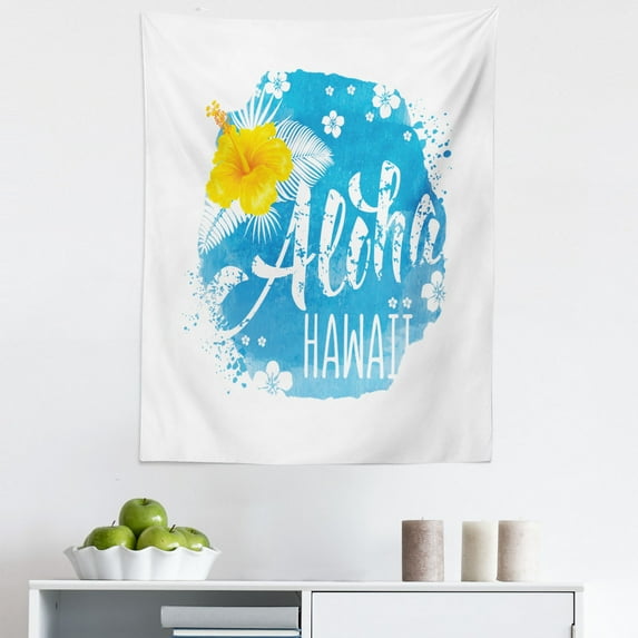 Aloha Tapestry, Hand-drawn Lettering and Hibiscus on Blue Watercolor Hawaiian Greeting, Fabric Wall Hanging Decor for Bedroom Living Room Dorm, 5 Sizes, Blue Yellow and White, by Ambesonne