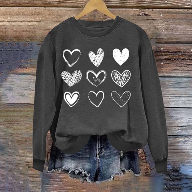 Meichang Chandails en Molleton à Col Rond pour Femmes, Chandails en Molleton de la Saint-Valentin, Pull Imprimé Cœur Mignon, Manches Longues, Décontracté