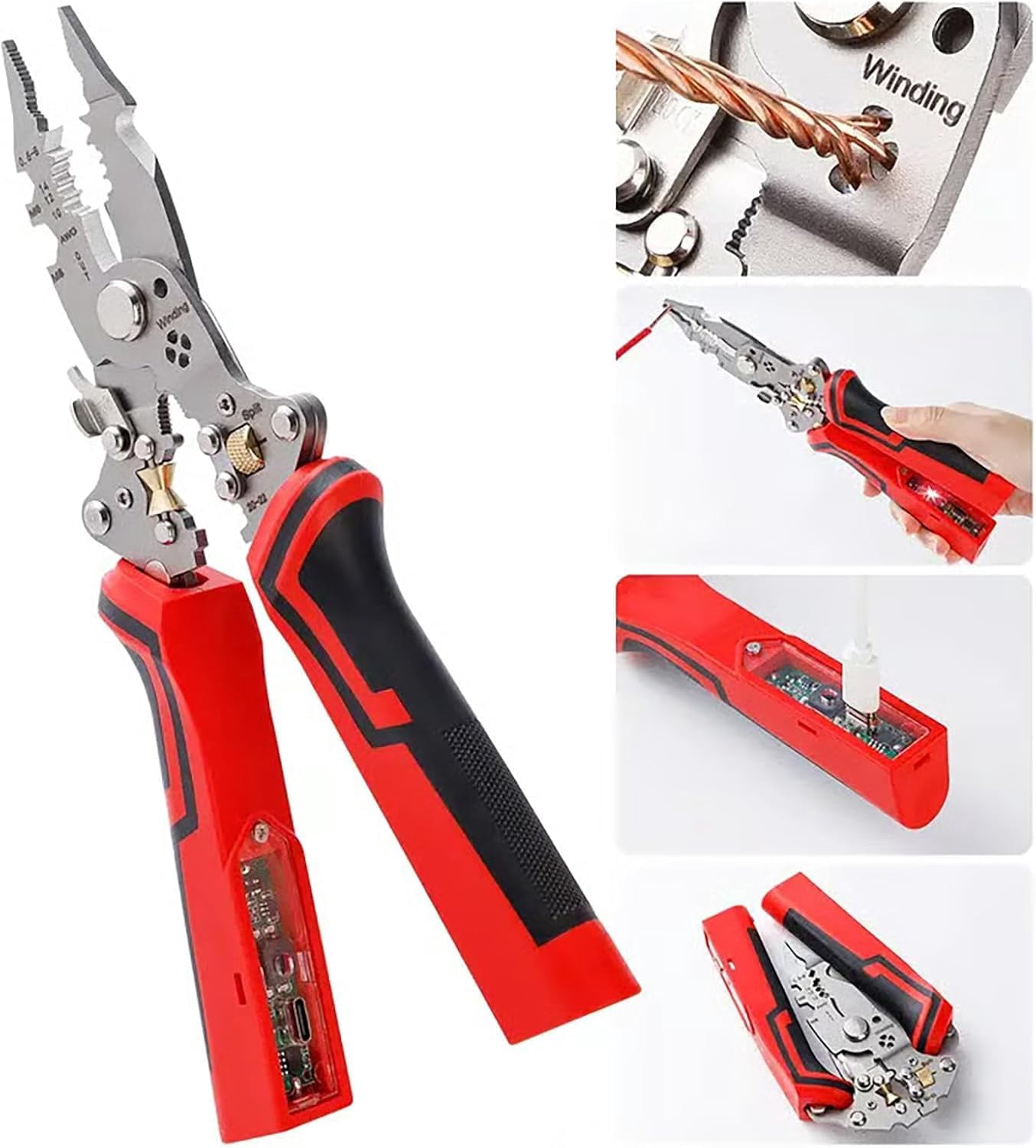 16 in 1 Wire Stripper Twister for Cutting and Pulling Wires, Rechargeable Foldable Cable Scissors,Voltage Tester Pliers,12V to 250V Live,Null,Hot Wire Judgment AC DC,Audible and Flashing LED(Red*2)
