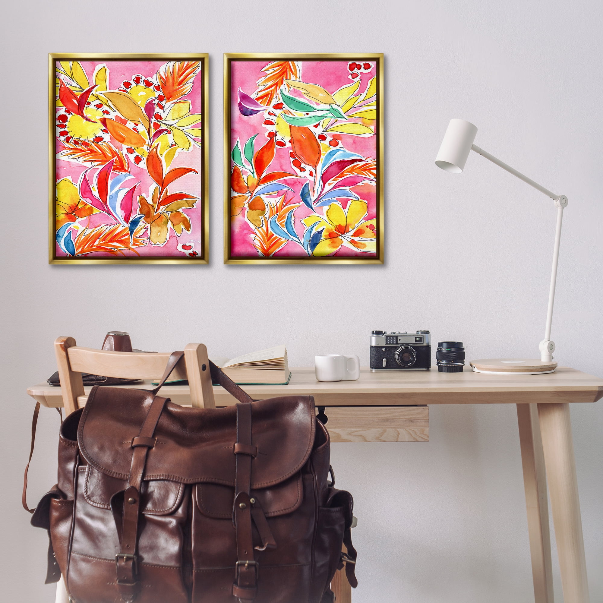 Stupell Industries Whimsical Leaf Impressions Plants & Flowers Painting Gold Floater Framed Canvas Art Print Wall Art, 21 x 31, Set of 2