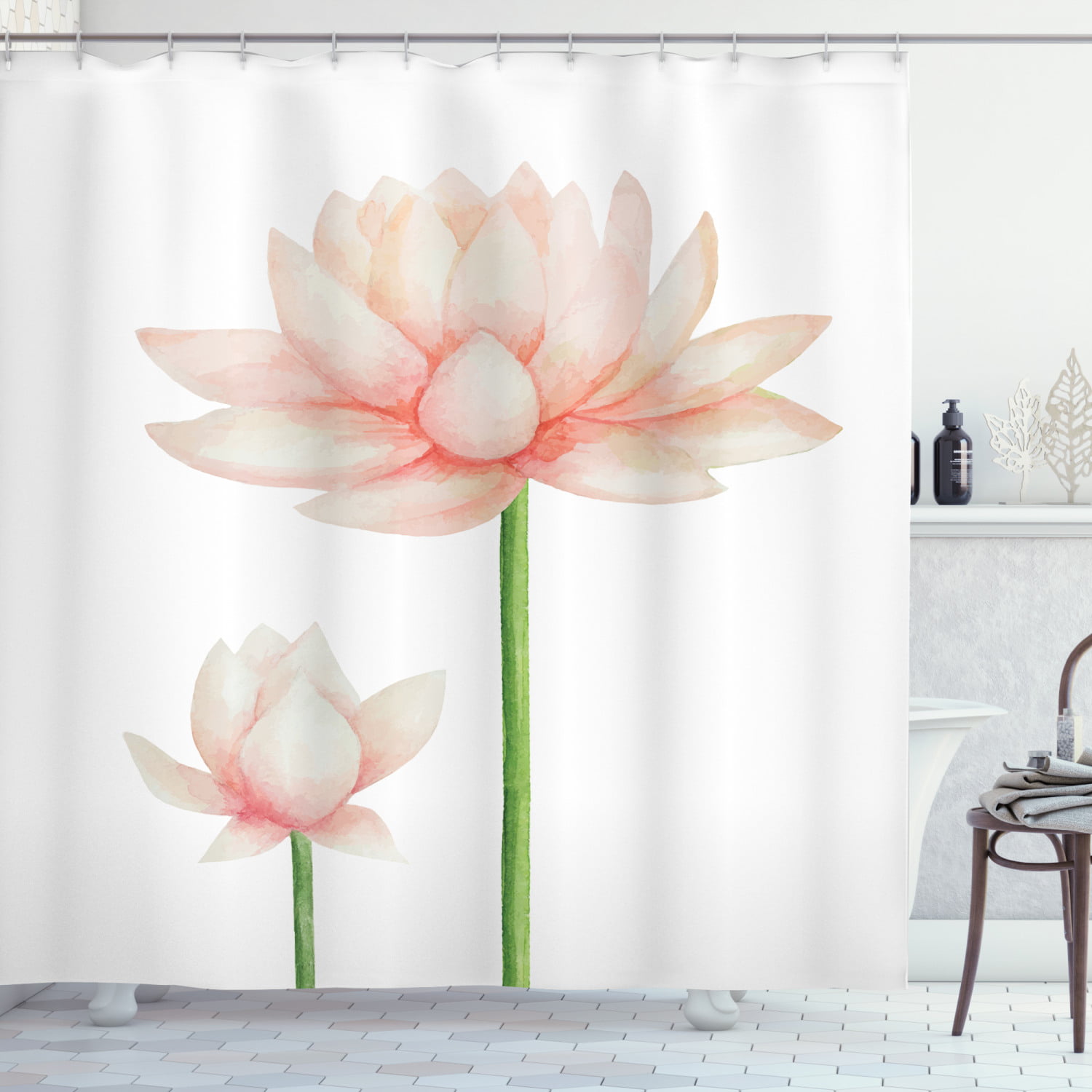 Pink Peach Flower River Shower Curtain Bathroom Tub Hooks Set Waterproof Fabric 