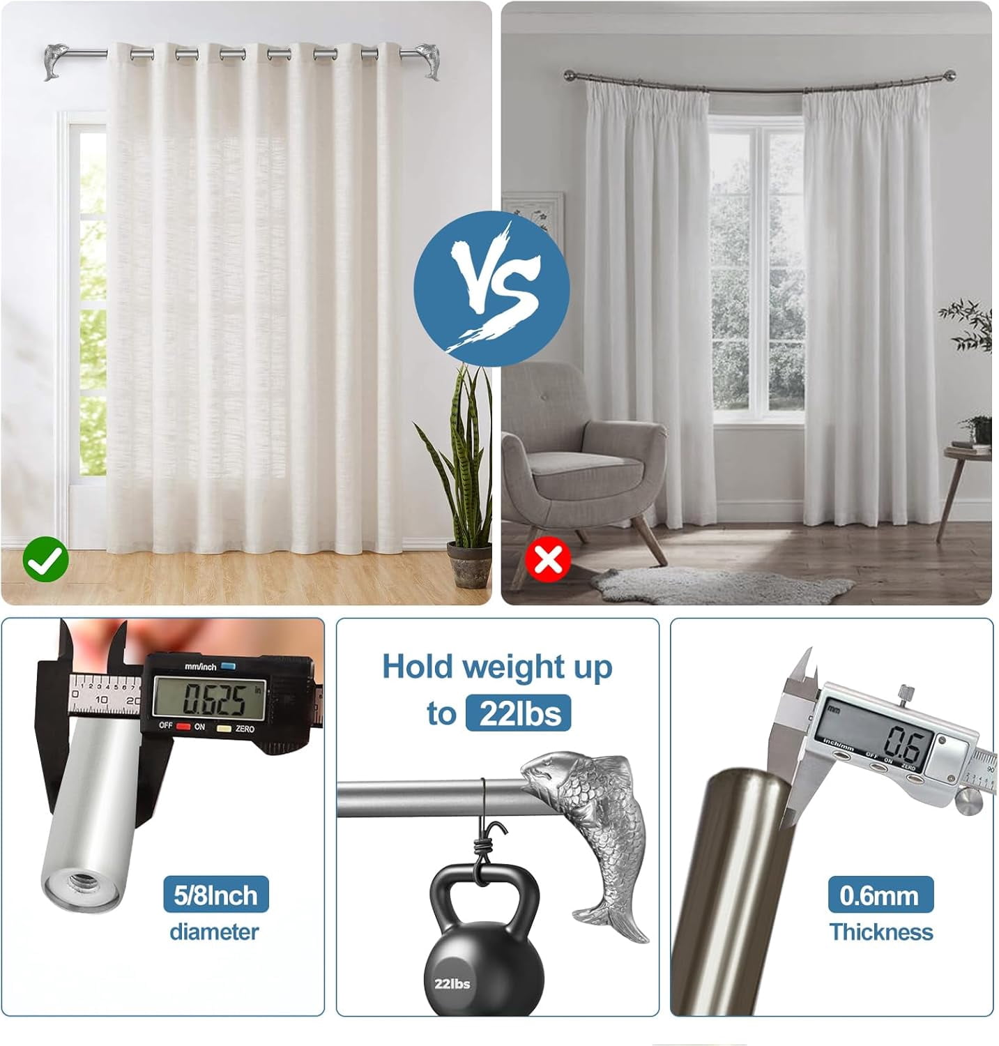 Urbanest Adjustable Single Curtain Rod Set Fish Finials – 3/4 - Inch Diameter, With Pewter Rod, 28–48 Inches
