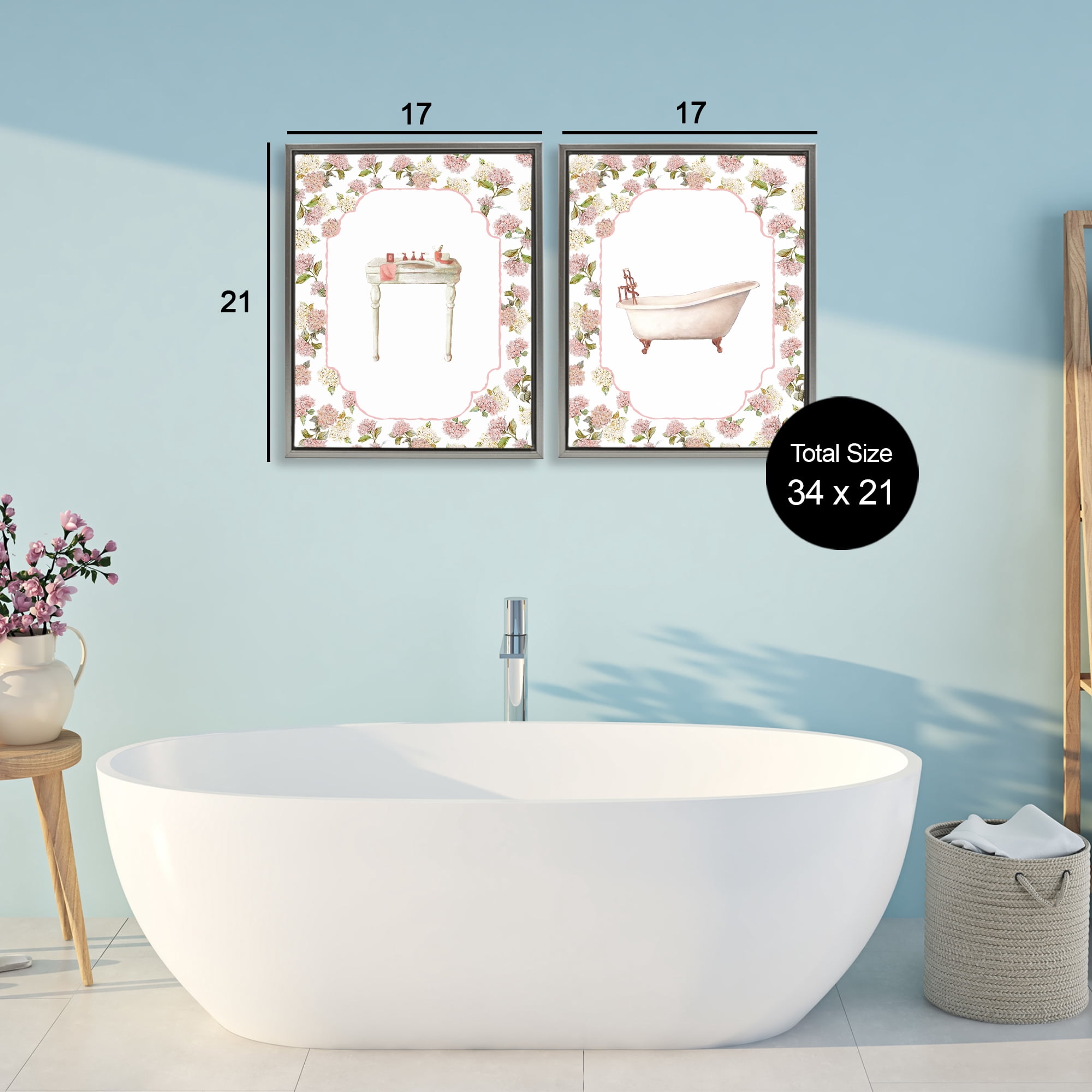 Stupell Industries Elegant Hydrangeas Bathroom 2 Piece Gray Framed Floater Canvas Set, design by Carol Robinson