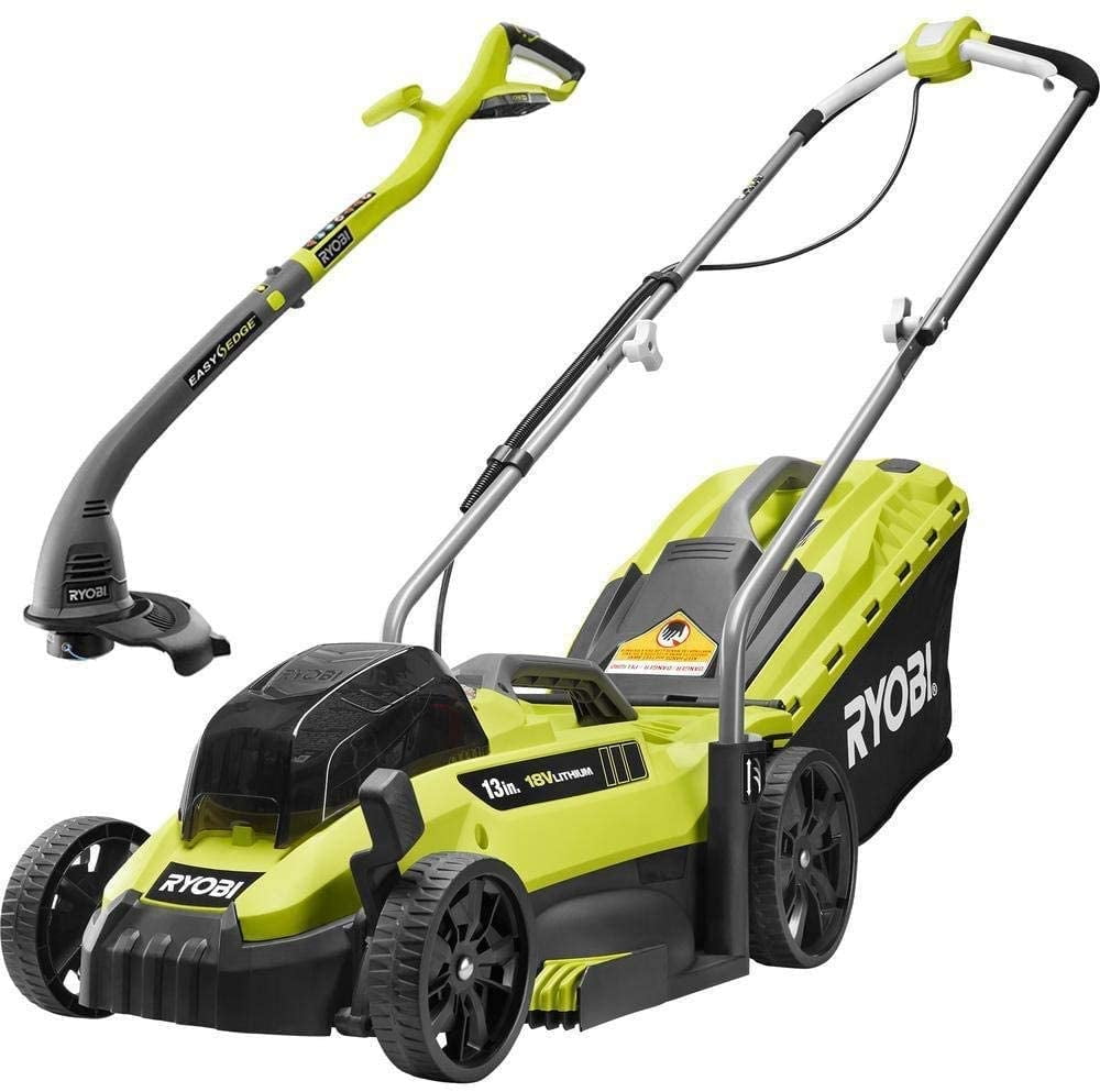 Ryobi P1140s 2x 13 In One 18 Volt Lithium Ion Battery Walk Behind Push Lawn Mower String Trimmer 4 0 Ah Battery Charger Included Walmart Com