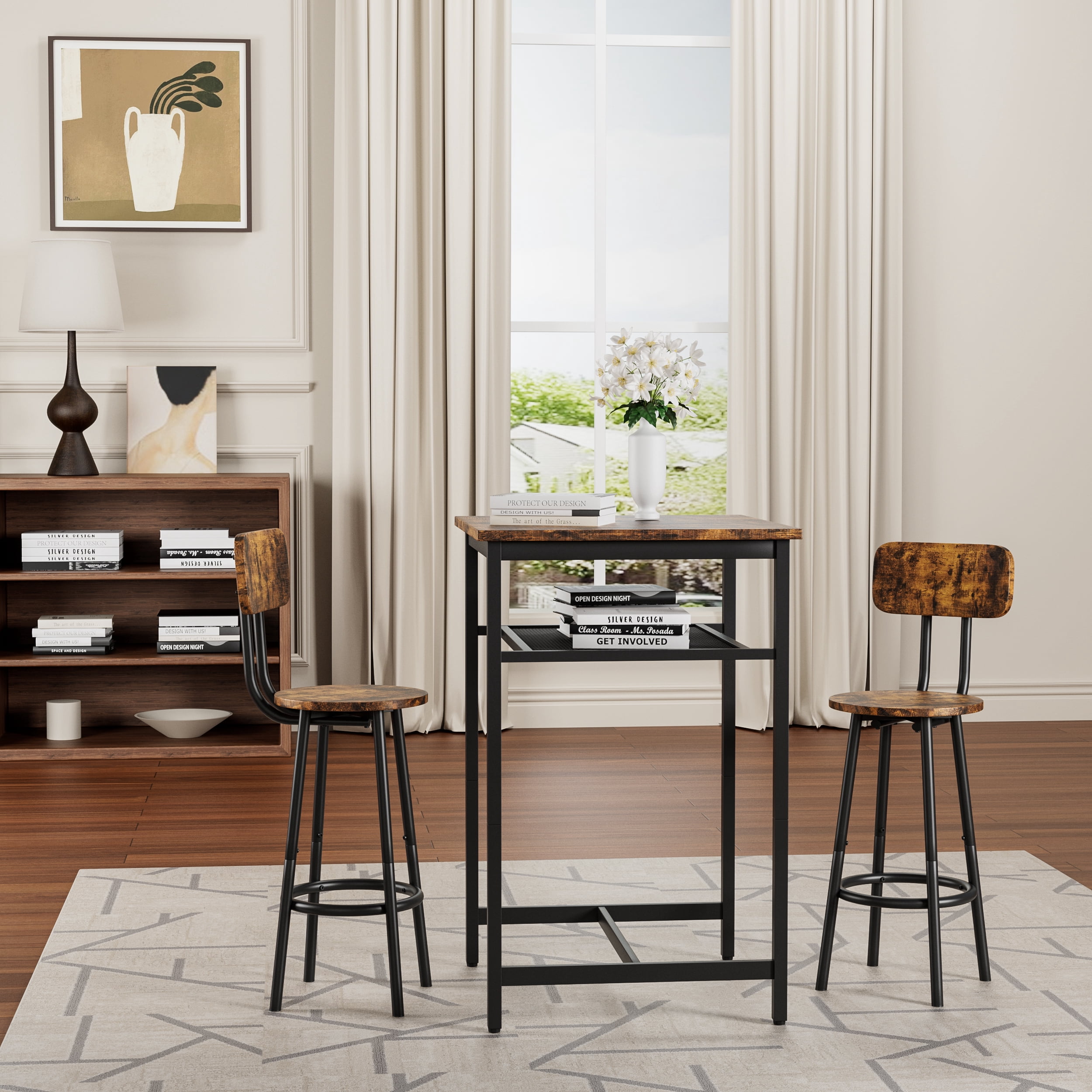 Bar Table Set of 2,Bistro Kitchen Table Sets,Wood Pub Bar Table Set with Storage Rack for Small Space, Apartment,Brown