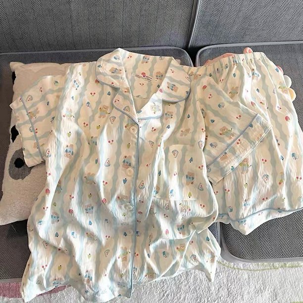 Pijama de manga larga de algodón de nubes para mujer, cárdigan de primavera simple y dulce