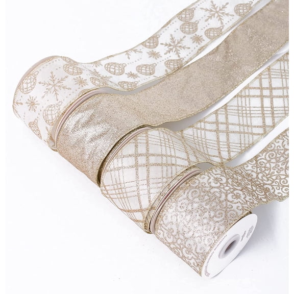 UNIQOOO 40 Yards 4 Rolls Seamless Champagne Gold Christmas Wired Ribbon Set, 2.5 inch x 10yd Satin Burlap Ribbon for Xmas Tree Décor, Gift Wrap Box, Bow, Wreath, Garland, Floral DIY Craft, Wedding