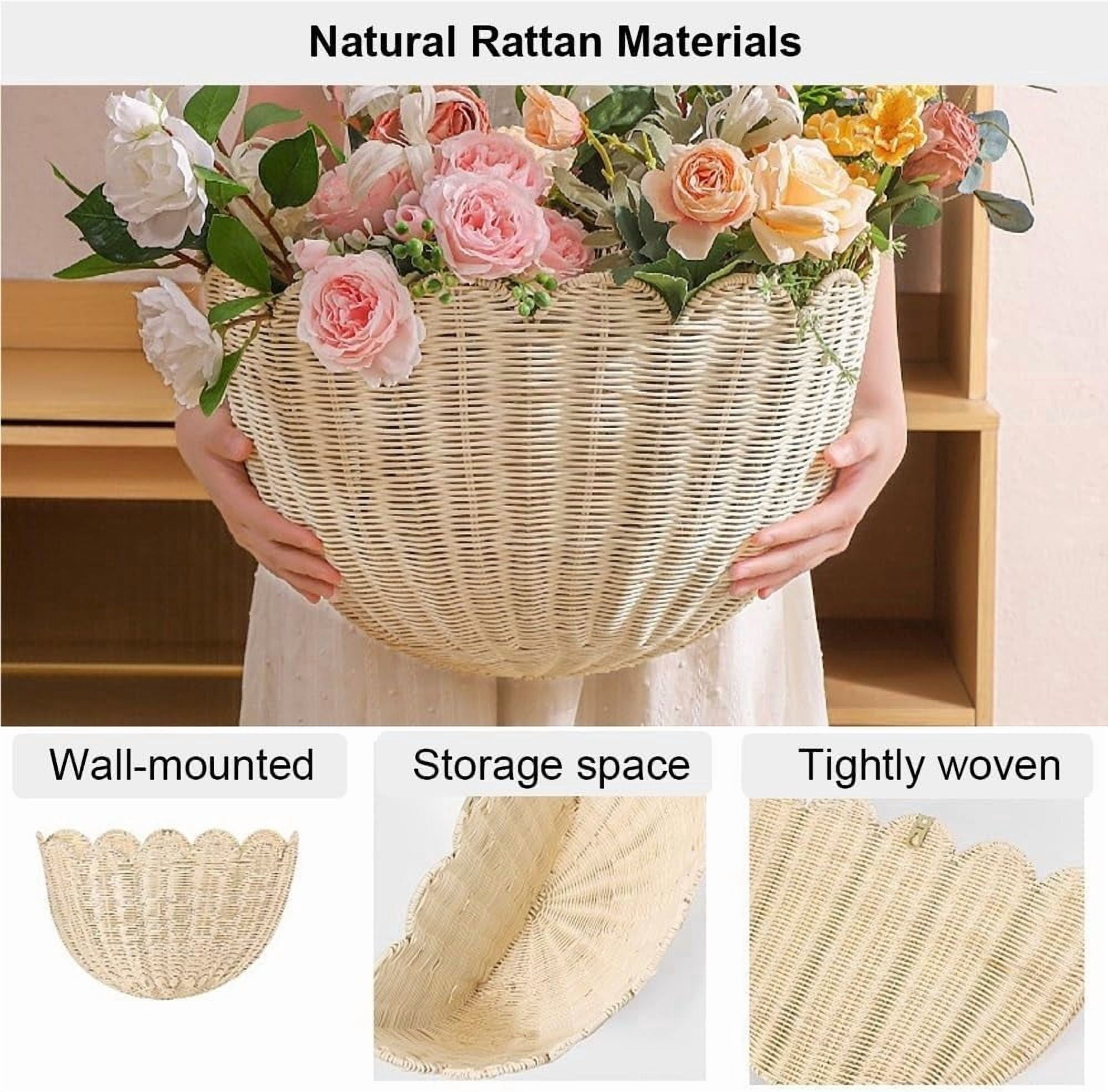 Hand Woven Rattan Wall Baskets, Scalloped Wicker Hanging Basket with Metal Frame & Hook, Minimalist Wall Decor for Home, Entryway, Kitchen, Living Room(14"x6"x8", 1Pcs)