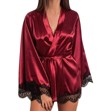 

KEJIG Stylish，Lingerie Women Silk Lace Robe Dress Babydoll Sleepwear Nightdress Pajamas Set