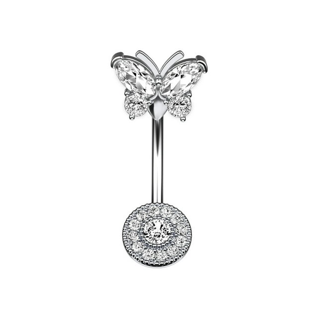 Bague Nombril Ronde Papillon Strass Anneau Corporel en Acier Inoxydable Bague de Ventre