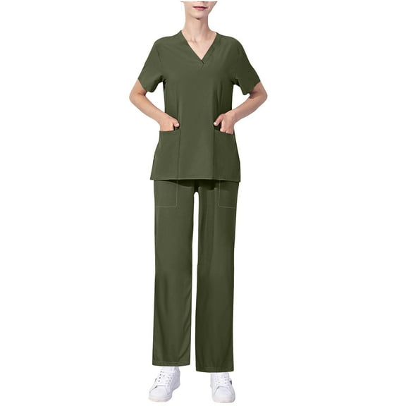 Xfvqtps Scrub Set for Women Solid Color V-Neck Stretch Scrub Top and Elastic Waist Scrub Pants Short Sleeve Protective Suit Set Working Uniforms with Pockets Olive Green