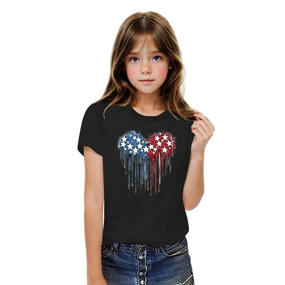 BRGZLK Independence Day Shirts For Kids Fashion Cute USA Flag Printed Tees Boys Girls Loose Round Neck Casual Short Sleeve Cotton Tops Black 9-10 Years