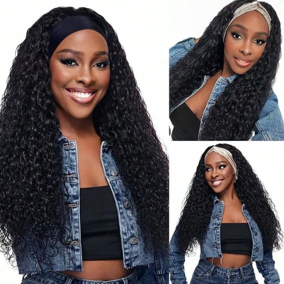 Headband Wig Human Hair Deep Wave 20 Inch Glueless None Lace Front Deep Curly Wig Brazilian Virgin Hair Wear And Go Wigs For Black Women 180 Density Machine Made Headband Half Wigs Natural Color