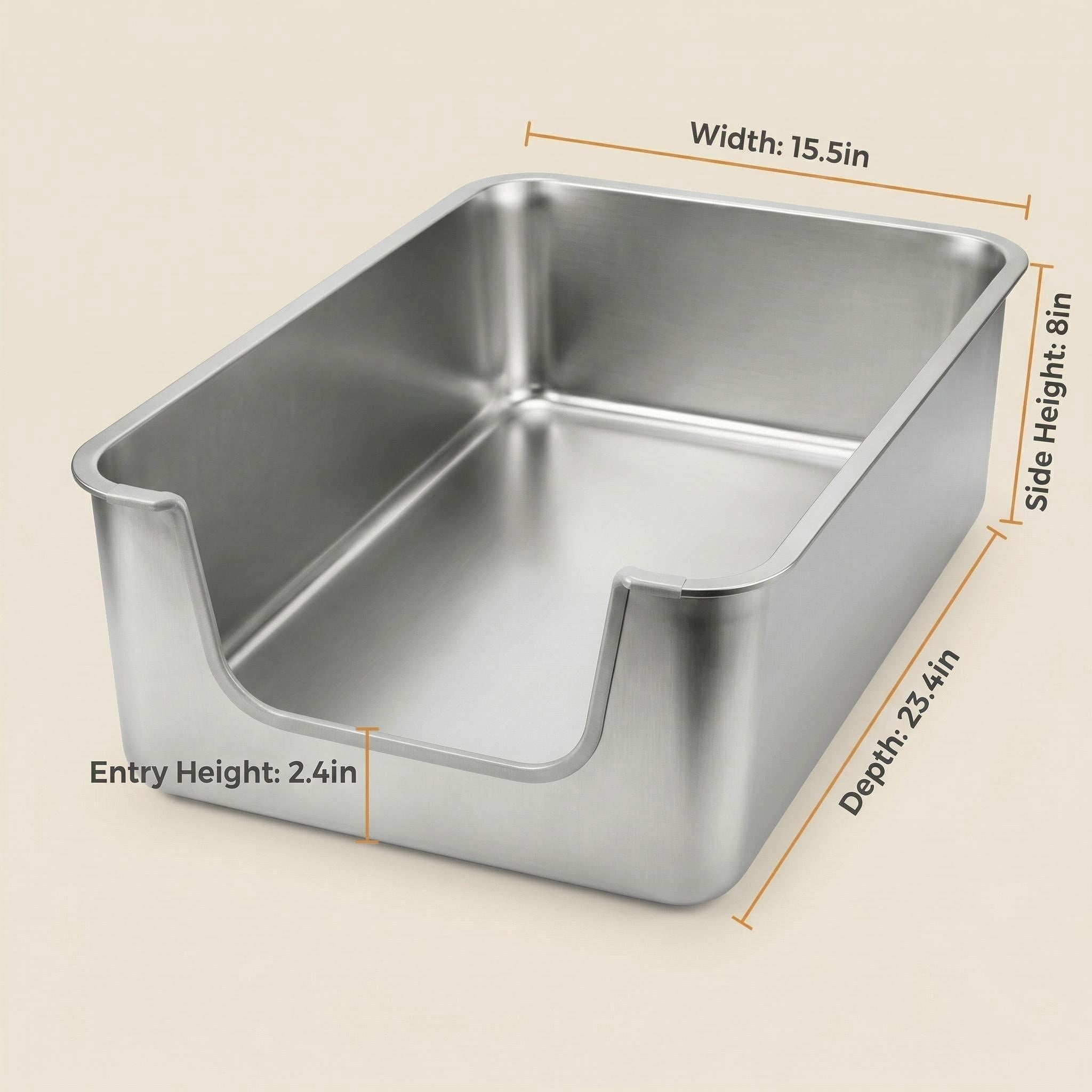 Stainless Steel Litter Box Extra Large, Bug Hull Open Top Cat Litter Box with High Sides, 23.6" x 15.6" x 8"