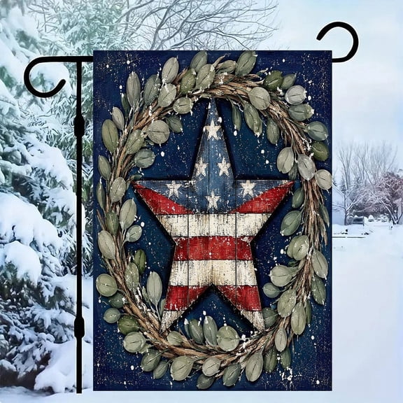 RKSupls Patriotic Linen Double Sided Garden Flag, Independence Day Themed Yard Decor, Patriotic Star Wreath Wood Outdoor Banner for Holiday Lawn